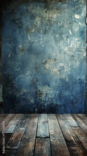Wooden Floor With Blue Wall Background