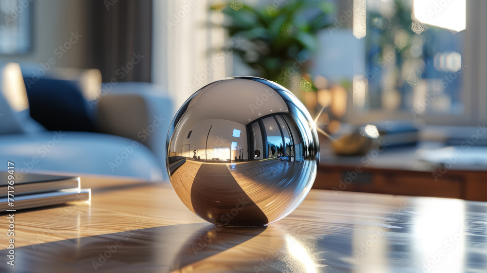 Steel sphere on table in modern living room Steel sphere on table in modern living room