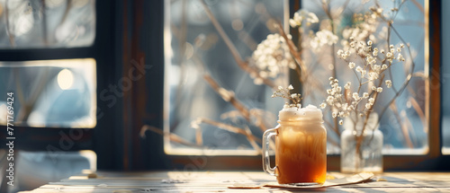 Glass of iced tea on wooden table in front of window  drink  freshness