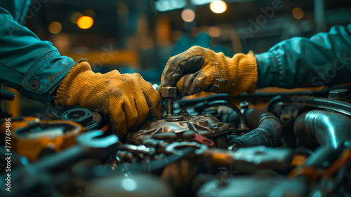 Two people working on car engine.