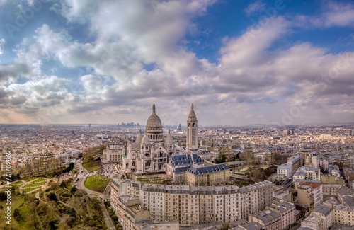 Basilica Sacre Coeur in Montmartre in Paris France amazing aerial panorama