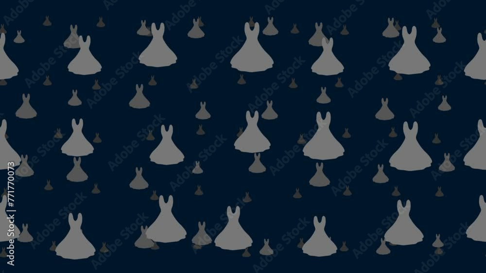 Flared dress symbols float horizontally from left to right. Parallax fly effect. Floating symbols are located randomly. Seamless looped 4k animation on dark blue background Flared dress symbols float horizontally from left to right. Parallax fly effect. Floating symbols are located randomly. Seamless looped 4k animation on dark blue background