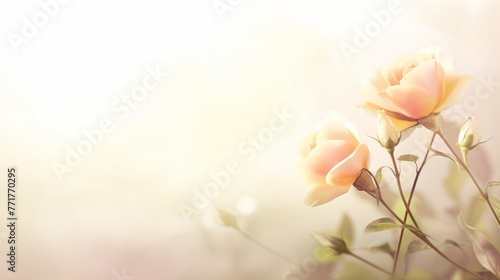 Spring or summer floral background with yellow and orange roses and chrysanthemums on white pastel colored paper. Flat lay, top view, copy space concept in the style of various artists.