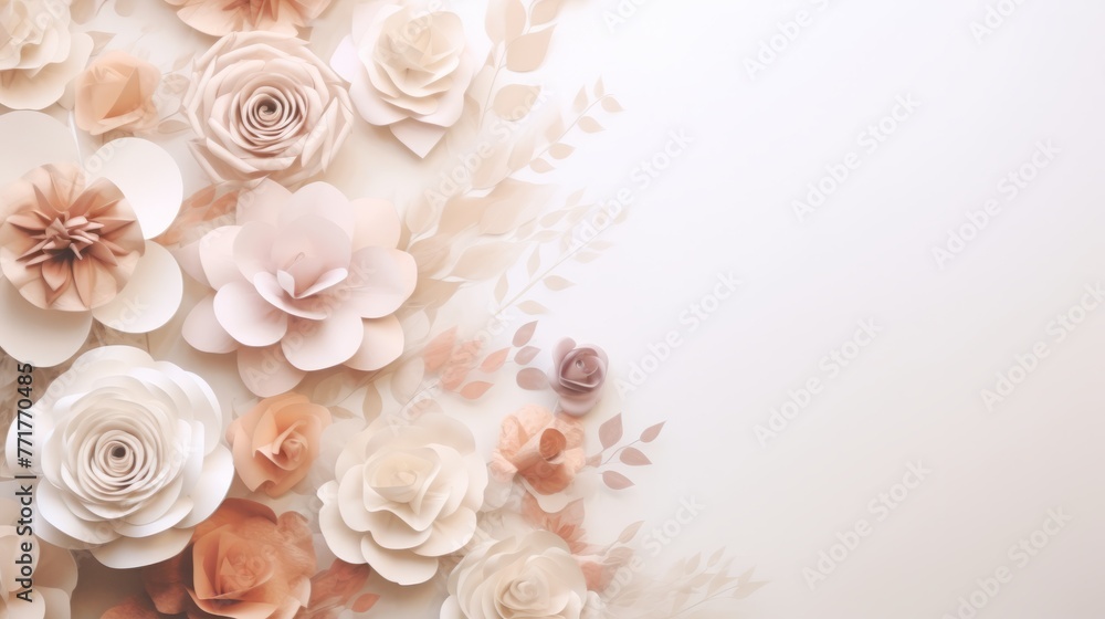Spring or summer floral background with yellow and orange roses and chrysanthemums on white pastel colored paper. Flat lay, top view, copy space concept in the style of various artists. Spring or summer floral background with yellow and orange roses and chrysanthemums on white pastel colored paper. Flat lay, top view, copy space concept in the style of various artists.