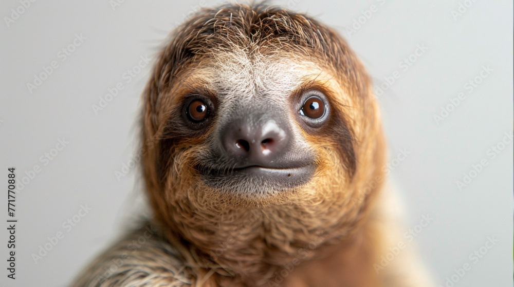 Fototapeta premium The surprised sloth jumped up, the white background 