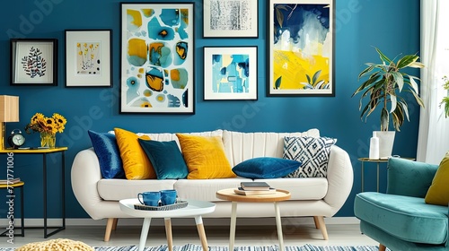 A cozy and stylish living room with modern decor in yellow and blue colors photo