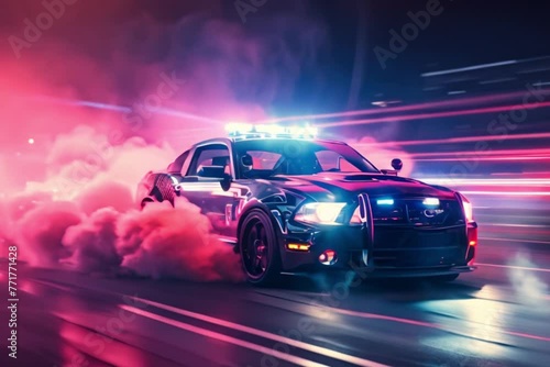 Police car with active turbo engine in soft lighting with smoke billowing on a fast road at night photo