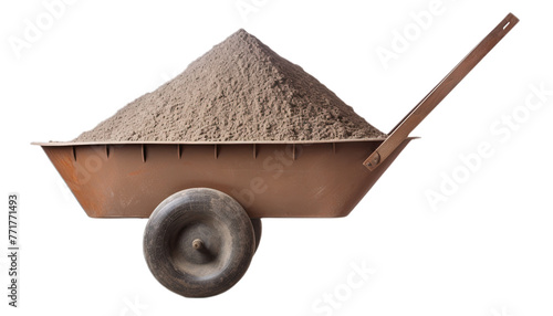 Wheelbarrow full of sand isolated in no background, clipping path included