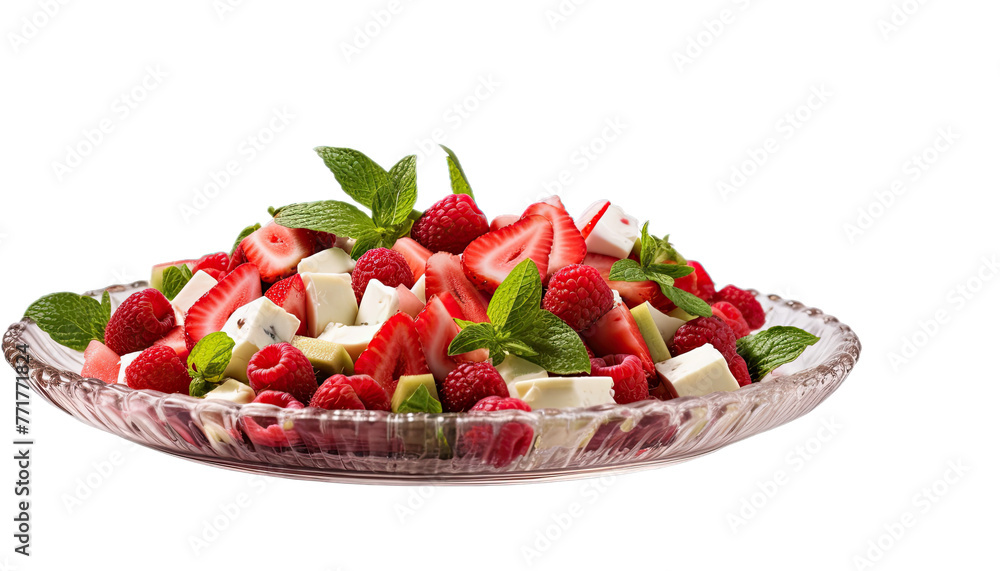 Fruit salad with strawberries, raspberries, blue cheese and mint Fruit salad with strawberries, raspberries, blue cheese and mint