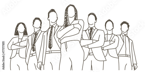 A group of people are standing in a line, all wearing suits and ties