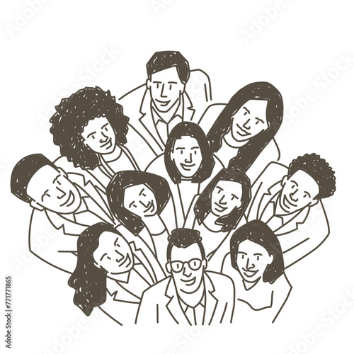 A group of people are smiling, looking up.