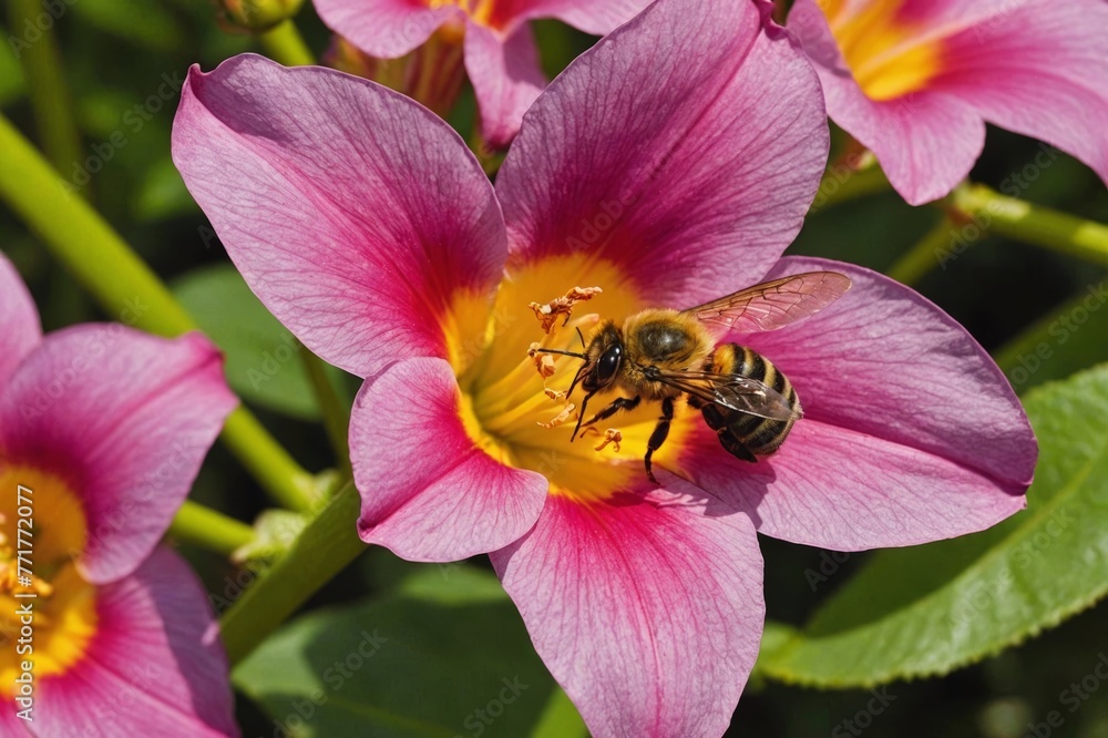Detail of a trumpet flower in Hawaii with a bee pollinating Detail of a trumpet flower in Hawaii with a bee pollinating