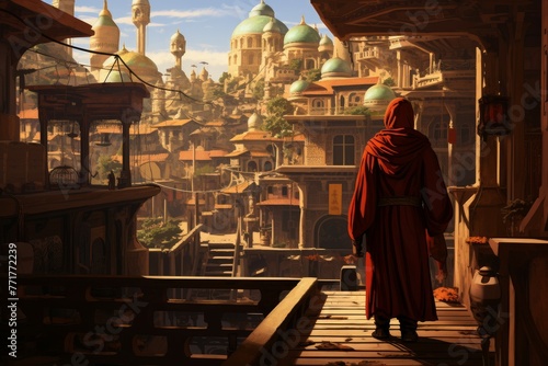 Secluded Monk city walk. Travel temple culture. Generate Ai