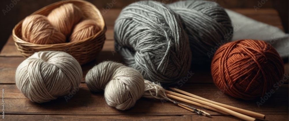 Multi-colored skeins of yarn and knitting needles on a wooden surface. Flat lay. Free space for text. Multi-colored skeins of yarn and knitting needles on a wooden surface. Flat lay. Free space for text.