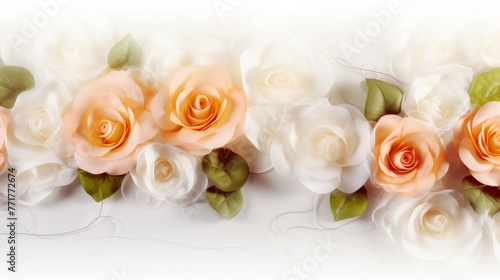 Spring or summer floral background with yellow and orange roses and chrysanthemums on white pastel colored paper. Flat lay  top view  copy space concept in the style of various artists.