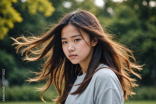 Young Asian girl with wind blown hair looks down while outdoors