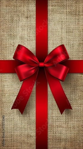 Red Ribbon and Bow on Burlap Background