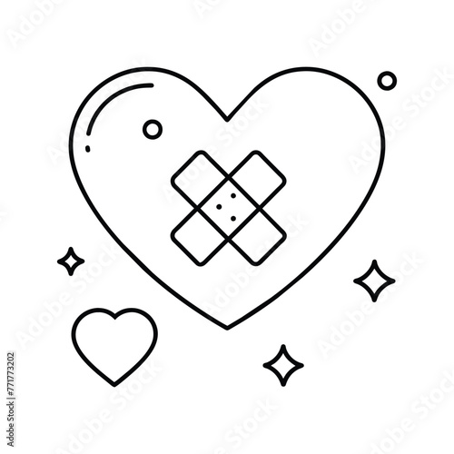 A graphic showing a heart outline surrounded by bandages and symbols, symbolizing the process of emotional healing and recovery
