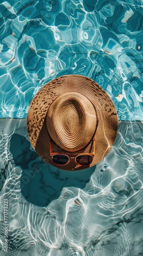 Hat and Sunglasses on Ledge by Pool