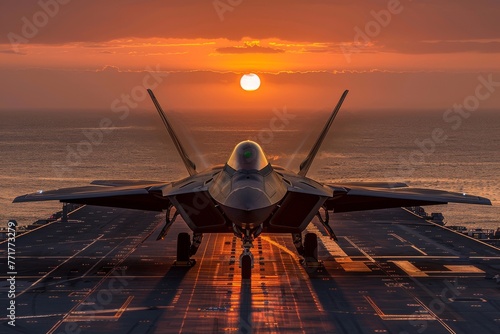Front view of an F-22 Raptor fighter jet ready to take off from the aircraft carrier deck. Calm sea and scenic sunset on the background. Military aircraft, navy.