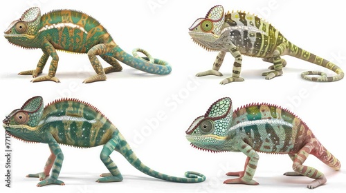 Photo realistic small little animal chameleon set collection. Isolated on white background Generative AI © Dvid