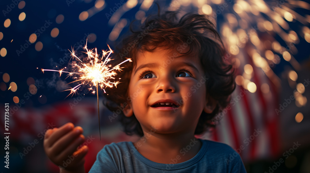 Happy child with sparkler celebrating the 4th of July, Independence Day, Memorial Day. - obrazy, fototapety, plakaty 