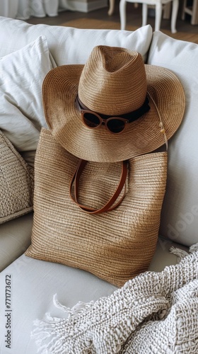 Straw Hat and Sunglasses on White Couch