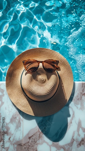 Hat and Sunglasses on Ledge by Pool
