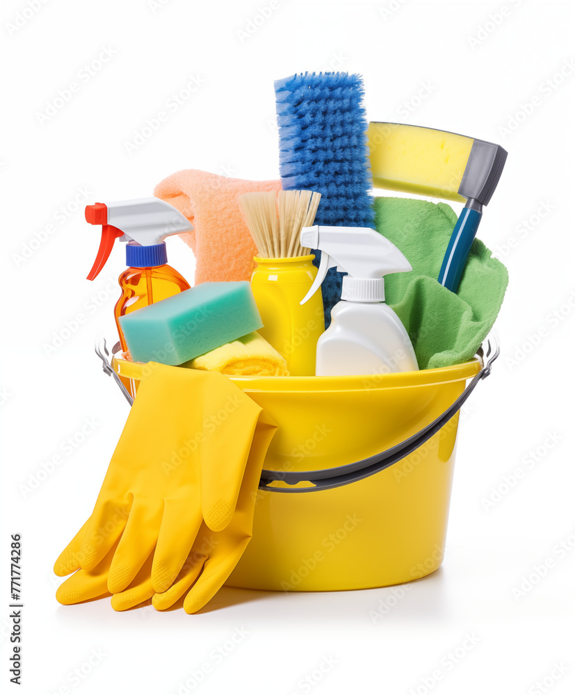 Different cleaning products in plastic bucket isolated on white, Bucket with cleaning supplies, house cleaning concept Different cleaning products in plastic bucket isolated on white, Bucket with cleaning supplies, house cleaning concept