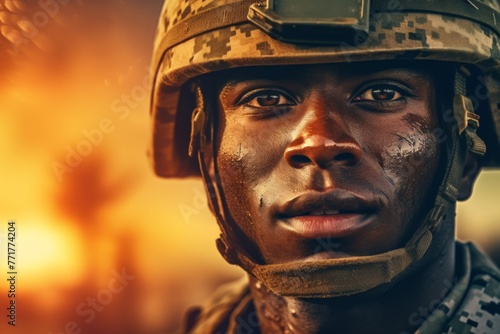 Afro man wearing military uniform with camouflage fatigues, sunset . Generative Ai