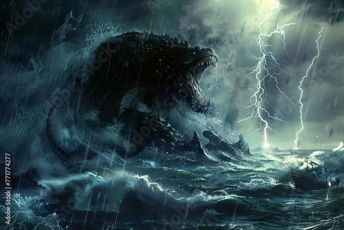 Darkness in Babylon, Beast from the Sea, Book of Revelation Illustration with Lightning photo