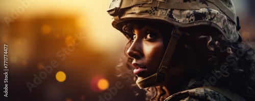 Afro woman wearing military uniform with camouflage fatigues, banner sunset. Generative Ai, photo