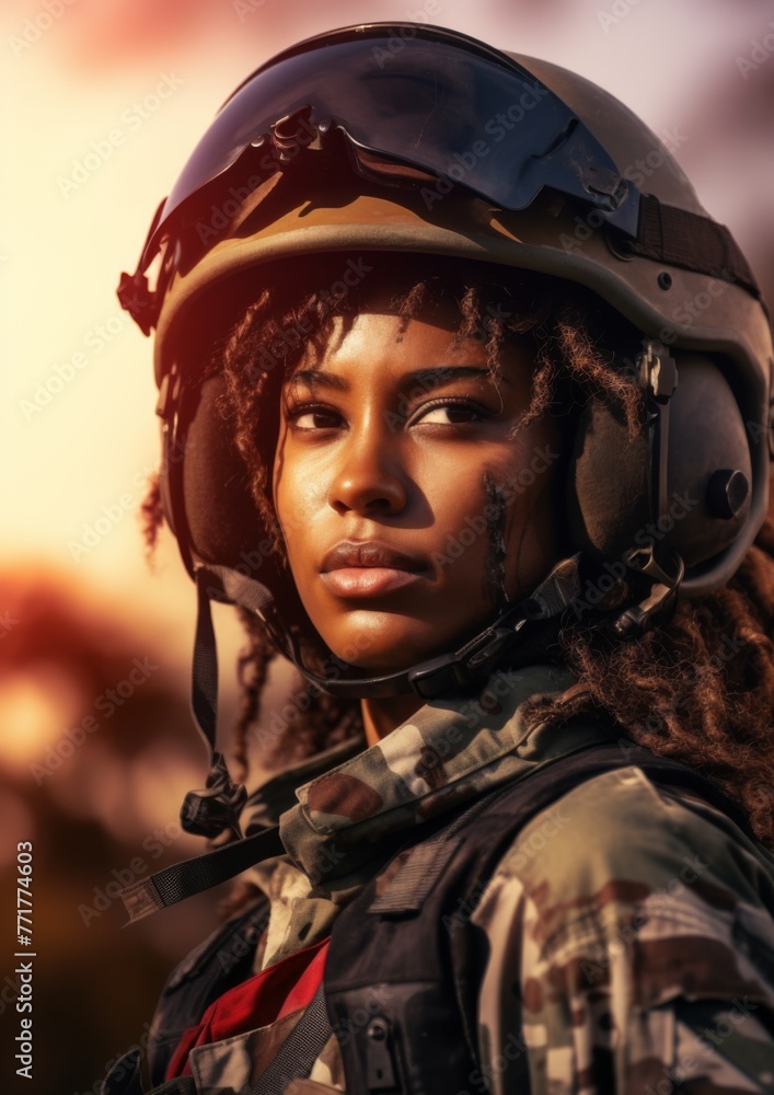 Afro woman wearing military uniform with camouflage fatigues, sunset. Generative Ai, Afro woman wearing military uniform with camouflage fatigues, sunset. Generative Ai,