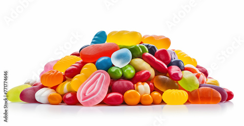 A pile of assorted candies on a white surface, Many colored jelly beans, Elegant Candy Collection