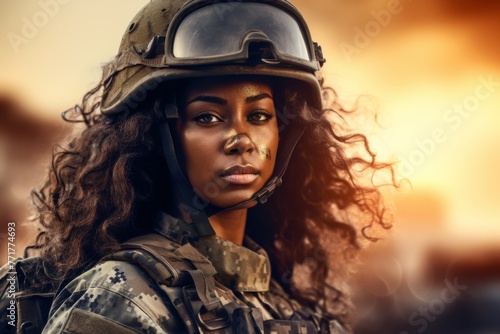 Afro woman wearing military uniform with camouflage fatigues, sunset. Generative Ai,