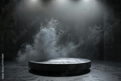 Dark black podium display with smoke and spotlights on concrete floor, dramatic product presentation stage, 3D illustration