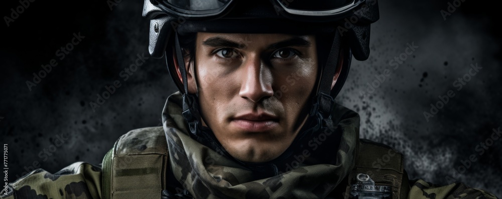 European man wearing military uniform with camouflage fatigues, helmet, banner. Generative Ai,