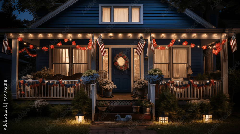Patriotic 4th of July decor on house exterior, night, Memorial Day.