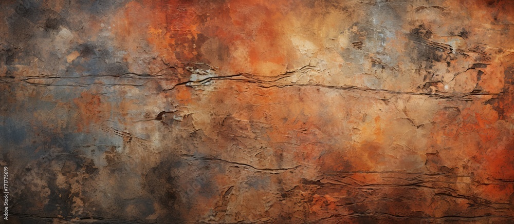A close up of a weathered brown wall with a painting of a natural landscape featuring a sky, grass, water, and wood flooring, giving an artistic touch to the rustic scene A close up of a weathered brown wall with a painting of a natural landscape featuring a sky, grass, water, and wood flooring, giving an artistic touch to the rustic scene