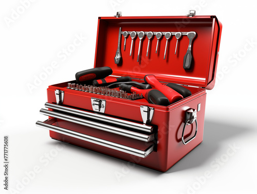set of metal equipment in orange box, worktool toolbox isolated on white photo