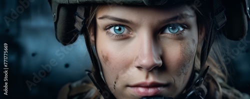 European woman wearing military uniform with camouflage fatigues, helmet, banner. Generative Ai,