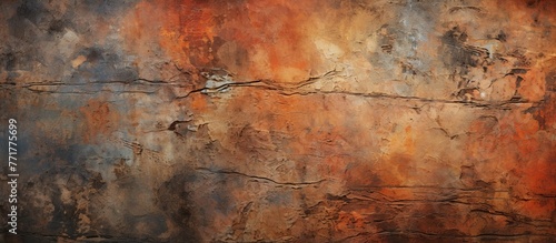 A close up of a weathered brown wall with a painting of a natural landscape featuring a sky  grass  water  and wood flooring  giving an artistic touch to the rustic scene