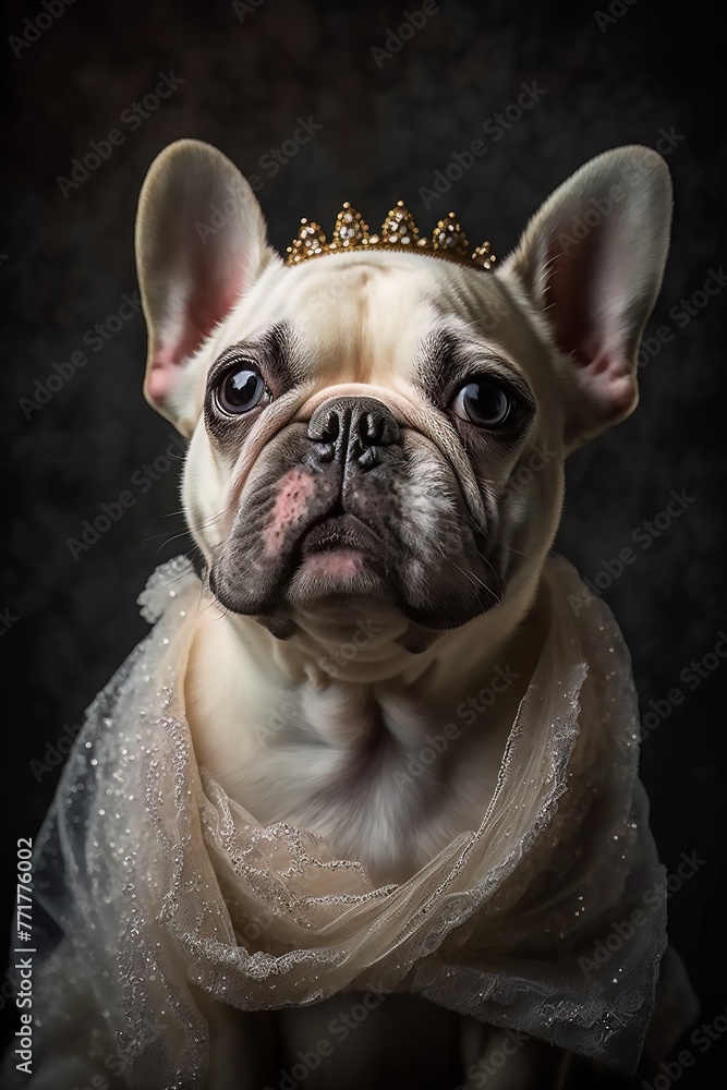 A French Bulldog gazes nobly while wearing a delicate tiara and sheer scarf
