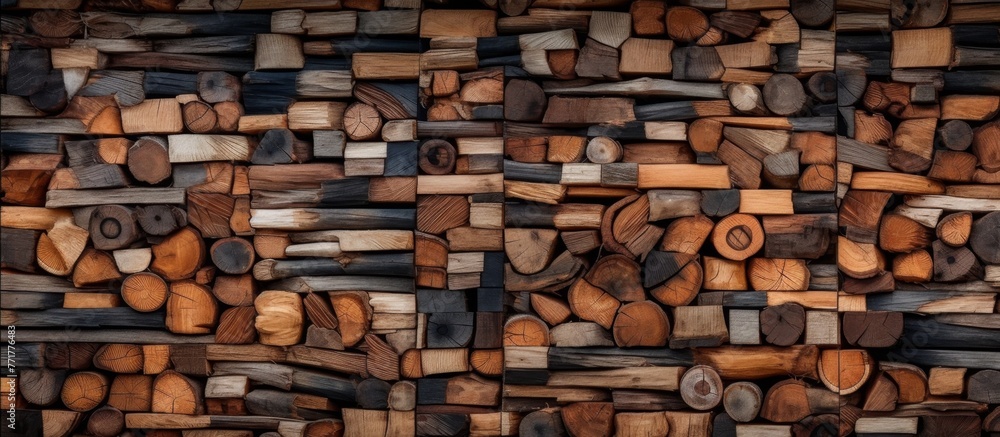 A stack of brown logs resembling a unique artwork, forming a rectangular pattern similar to brickwork. The wood used as building material for flooring, creating a beautiful and rustic design A stack of brown logs resembling a unique artwork, forming a rectangular pattern similar to brickwork. The wood used as building material for flooring, creating a beautiful and rustic design