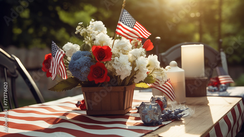 Patriotic 4th of July Memorial Day decor table home design. American flag for Memorial Day, white graves, 4th of July, Labour Day.