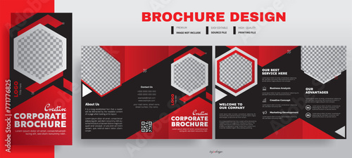 Creative Tri-fold Brochure Template, Tri fold brochure design. Corporate business template for tri fold flyer with rhombus square shapes, Creative shape business, Business Brochure Template, Red ads.