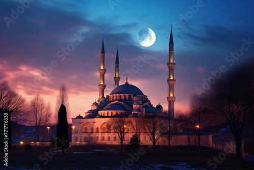 Tranquil Mosque evening sky twilight. Moon light. Generate Ai