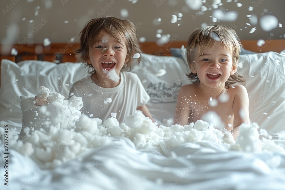 Home playtime scene with children engaged in a pillow fight on a messy bed Home playtime scene with children engaged in a pillow fight on a messy bed