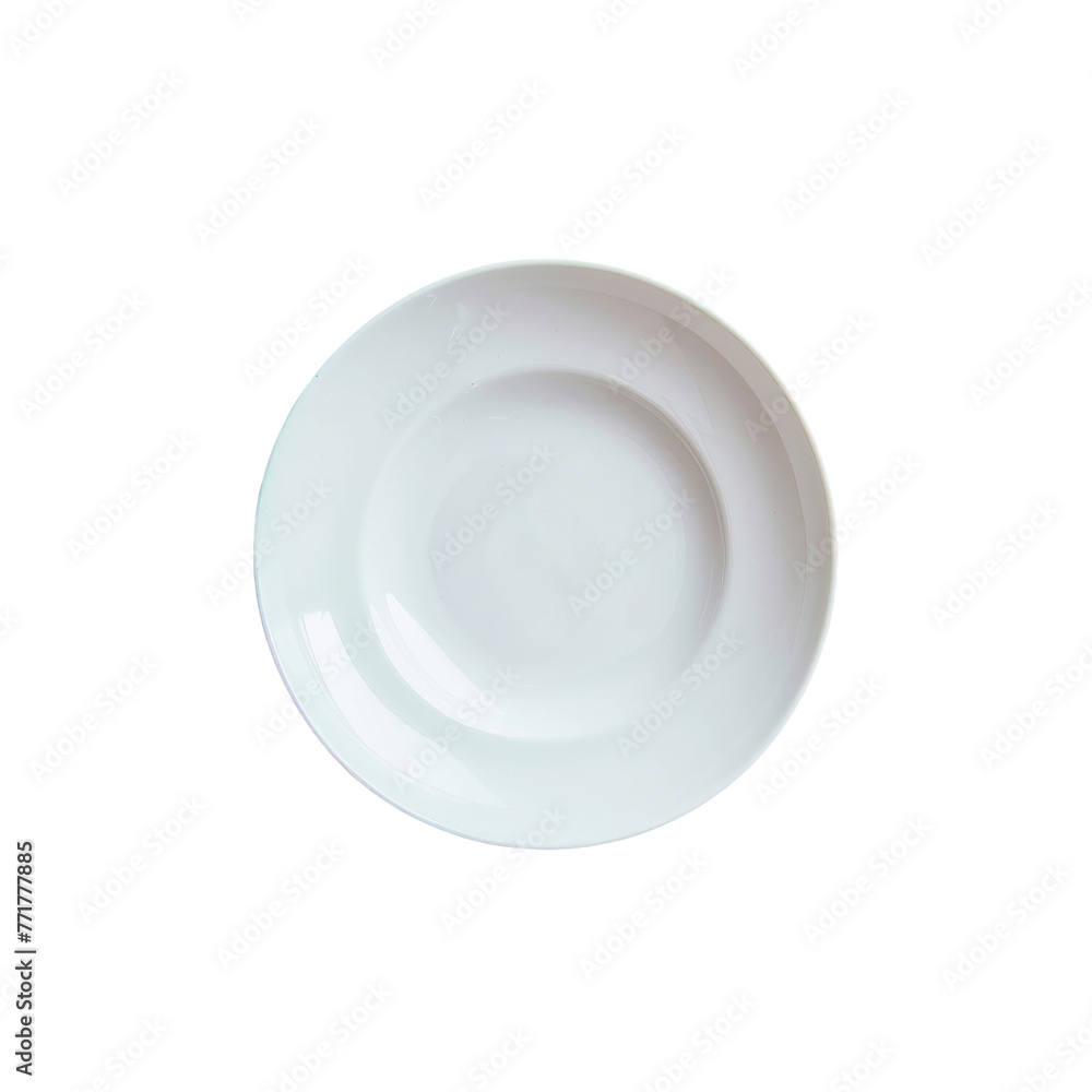 A white porcelain plate rests on a transparent background surface A white porcelain plate rests on a transparent background surface