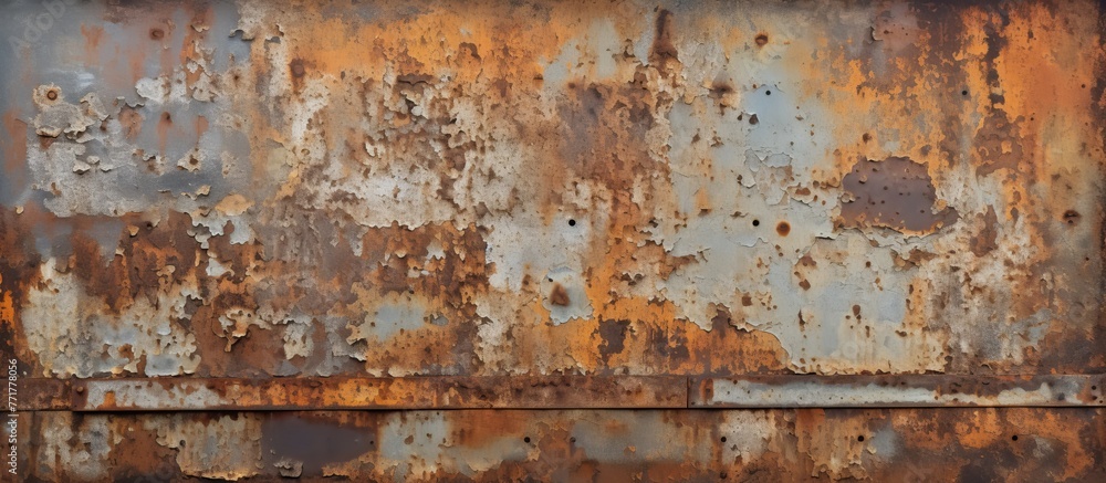 A close up of a weathered metal surface with a rusty brown patina resembling a painted landscape on a rectangular building facade
